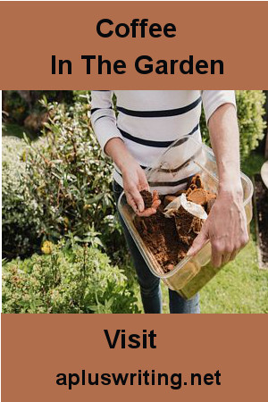 Woman sprinkling coffee grounds around plants in the garden