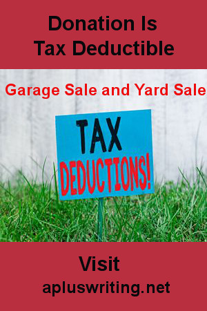 Yard sign saying garage sale and yard sale items are tax deductible