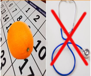 An orange on a calendar with a stethoscope x'd out