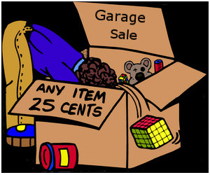 Box of garage sale items