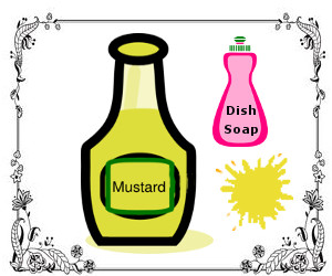 A bottle of mustard with a stain and a dish soap bottle.