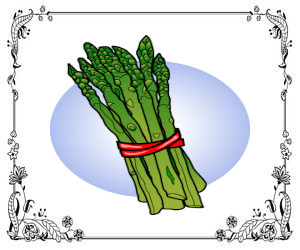 A bunch of asparagus spears tied with a red rubber band.
