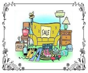 A sofa and other items being offered at a garage sale.