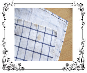 A checkered dishtowel with a stain.