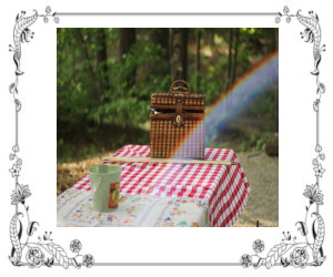 A picnic table with basket