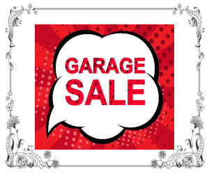 White cloud with red garage sale lettering on a bright red background