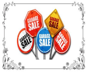 A group of different types of garage sale signs