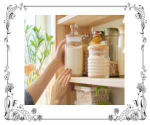A pantry shelf with saved foodstuffs.