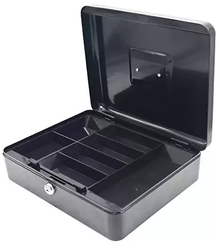 Kingsley Large Cash Box, Locking Cash Box with Money Tray, Black