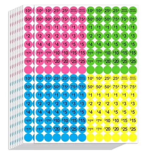 Dreecy Yard Sale Price Stickers Garage Sale Pre-Priced Price Tag Labels, 1920 PCS 3/4" Diameter Flea Market Pre-Printed Pricing Stickers for Retail,Bright Neon Colors (Pink Green Blue Yellow)