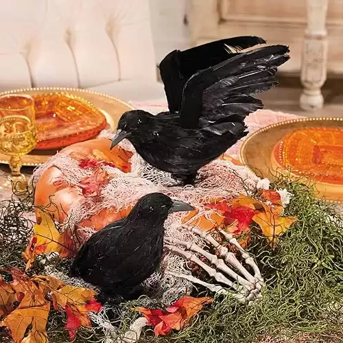 Realistic Feathered Crows Halloween Decorations - Set of 2 - Scary Home Decor