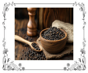 Black peppercorns on table and in a bowl.