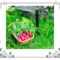 A basket of just picked radishes sitting on the lawn.